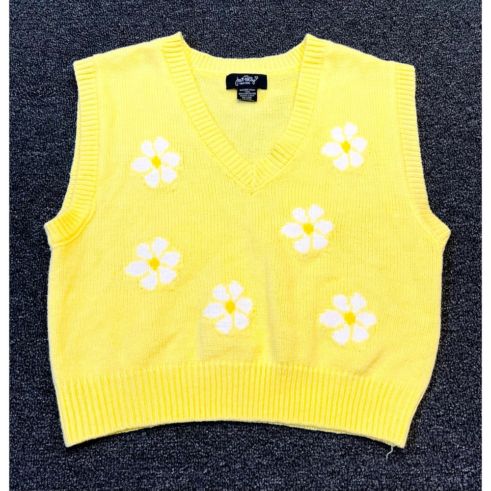 Just Polly Sweater Vest Womens Large Yellow Floral V Neck Tight Knit Ribbed Warm